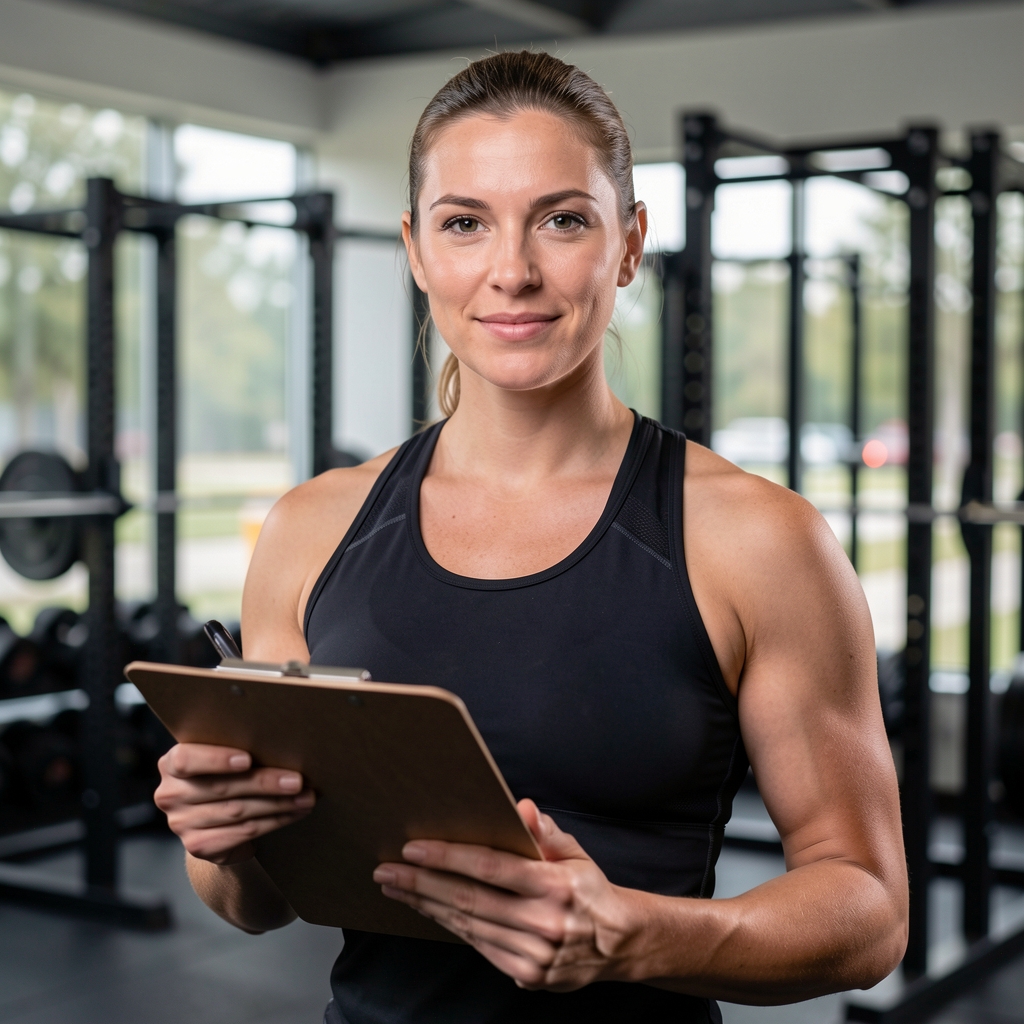 Elova head coach standing in the studio gym in athletic wear, holding a clipboard, with squat racks visible in the background under controlled studio lighting