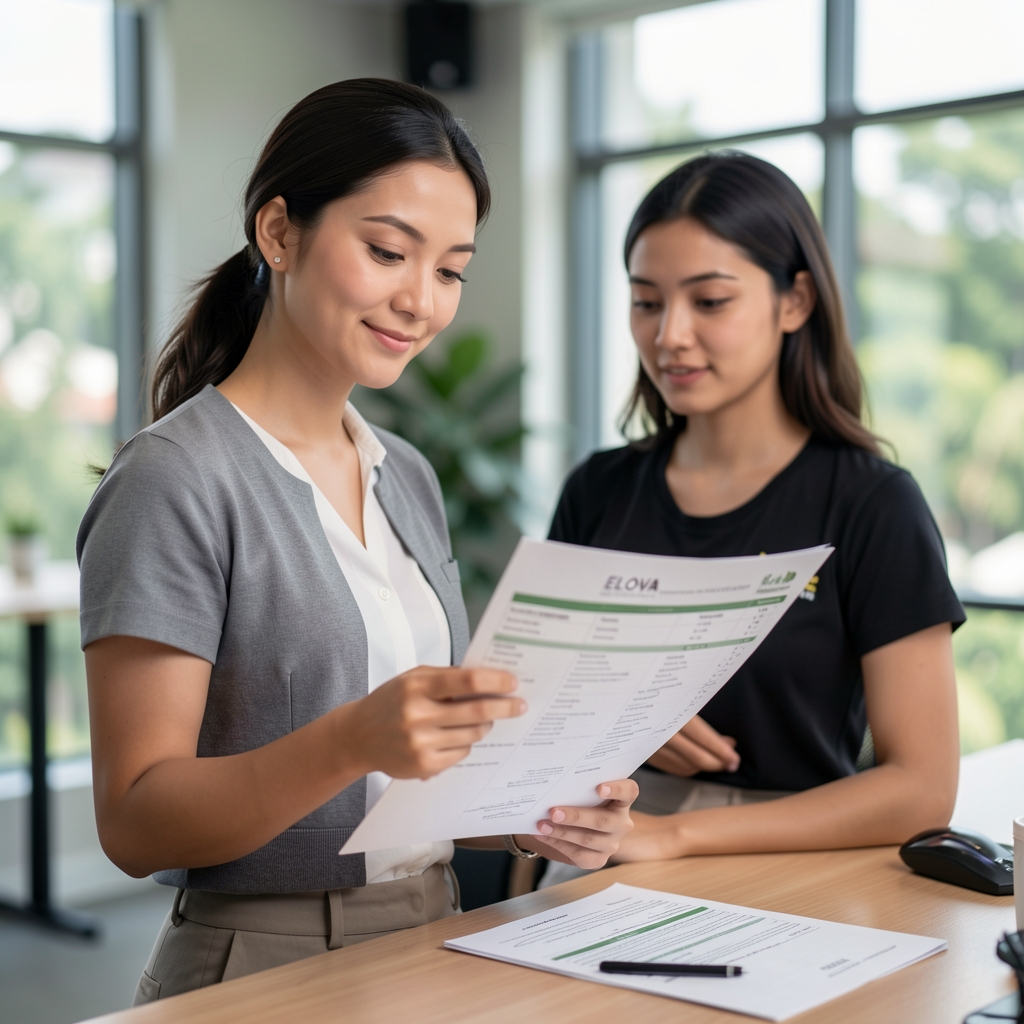 Elova nutrition and lifestyle coach reviewing a meal plan document with a studio member at a standing desk inside the Elova Kuala Lumpur facility