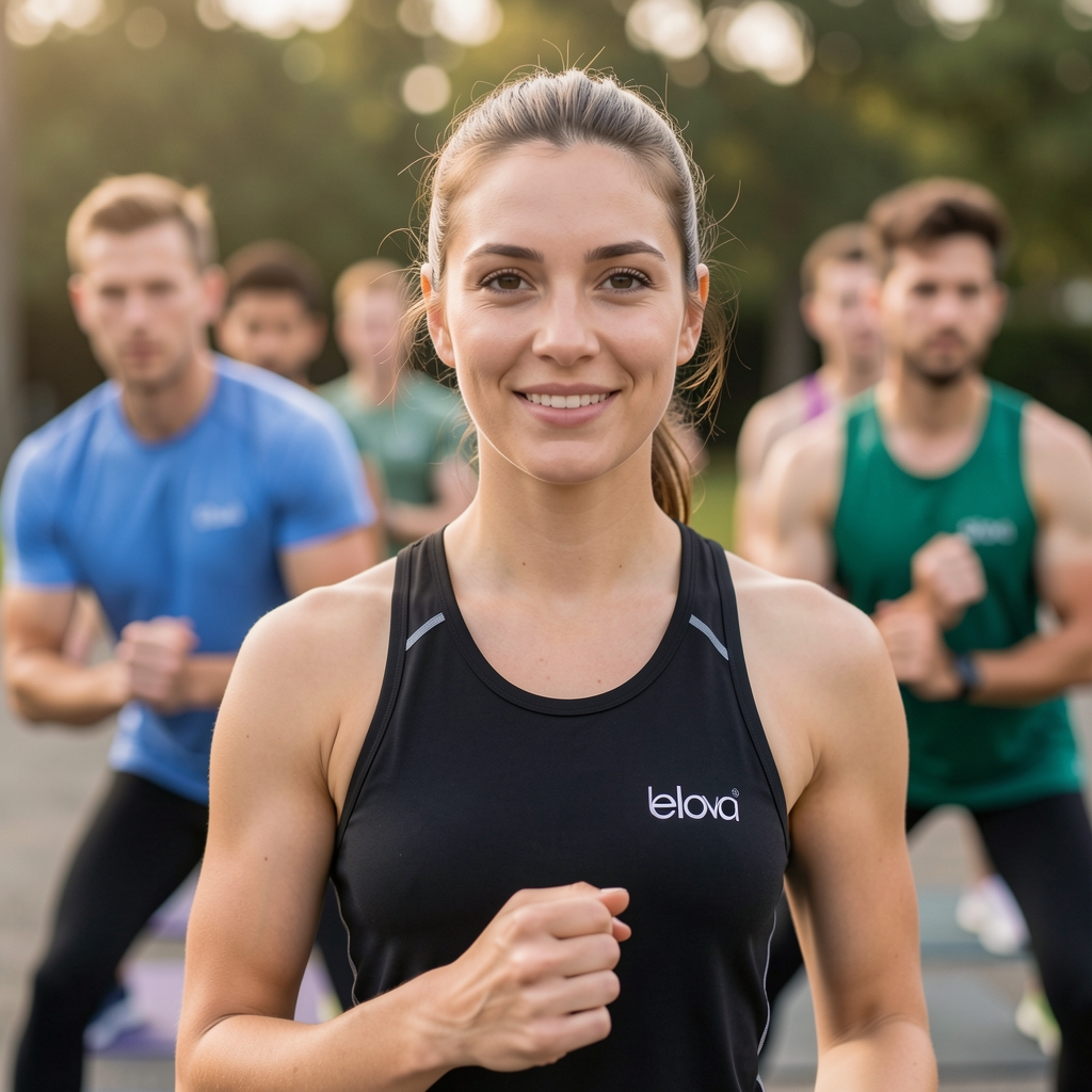 Group training class in progress at Elova with five participants completing a functional movement circuit under the guidance of an accredited coach