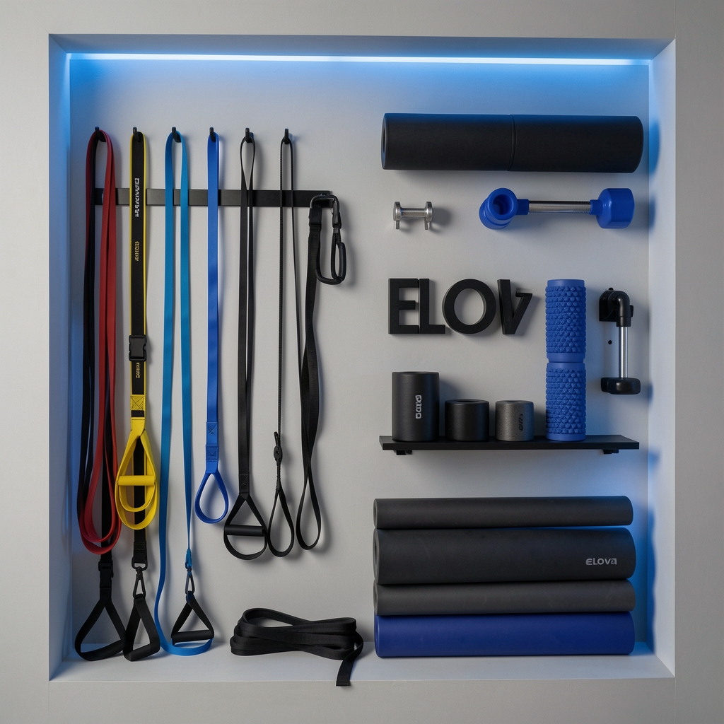 Elova training studio equipment wall featuring resistance bands, foam rollers, and mobility tools arranged neatly under blue accent lighting