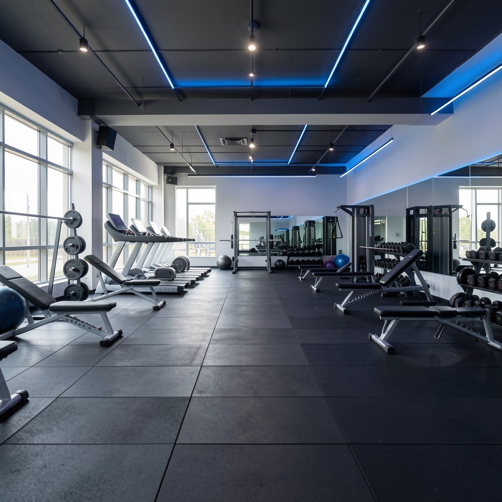 Interior wide shot of the Elova training studio on Jalan Mesui showing the full open floor plan with functional training equipment, rubber flooring, and blue accent lighting
